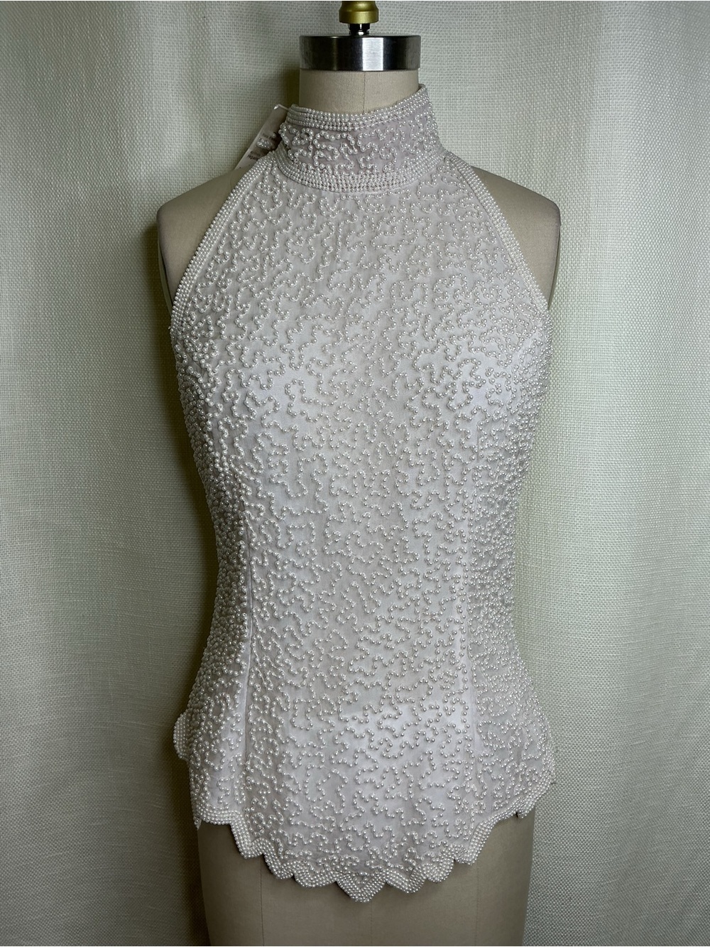 NWT Laurence Kazar Beaded Silk Halter Top PS Ivory Pearl Formal Bridal Luxe